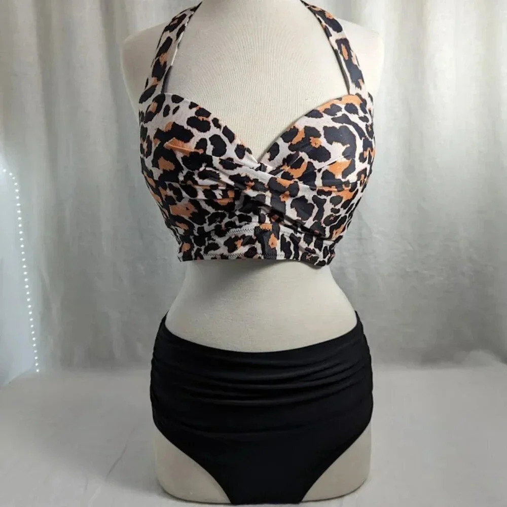 Summer bikini-high waisted black bottoms, animal print halter top L//XL O10